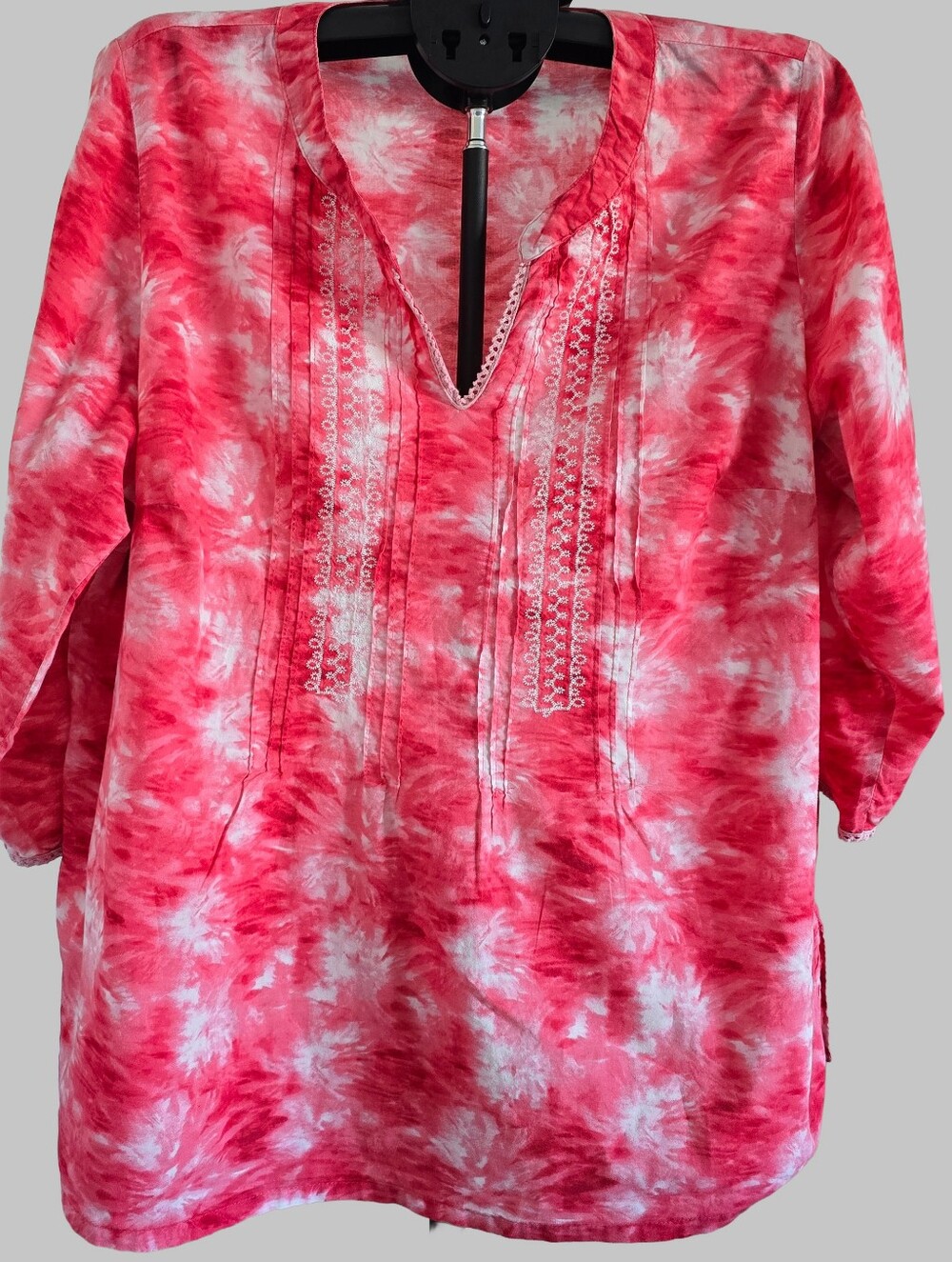 Kim Rogers Pink Tie Dye Embroidered Split V-Neck Tunic Blouse Top 2X